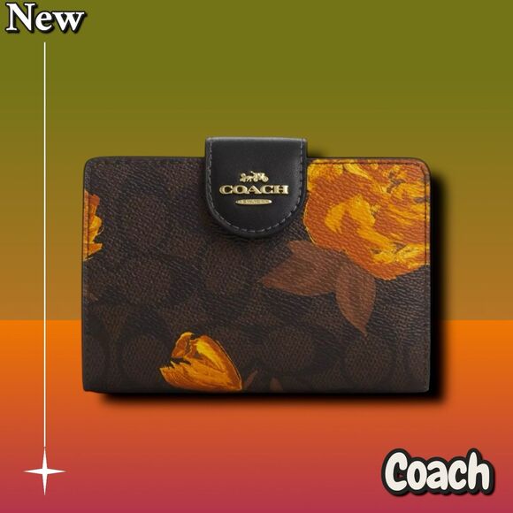 New NWT Coach Medium Corner Zip Wallet Signature Canvas with Floral Print - Gold - Picture 4 of 4